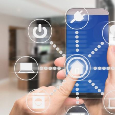Smart home automation app on mobile with home interior in background. Internet of things concept at home. Smart technology 4.0